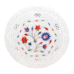 Krishna Marble Handicraft Marble Plates, Multi-Colour with Inlaid and Carving Work, 8 * 8 Inch, A Item